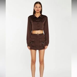 Brown satin cargo mini skirt